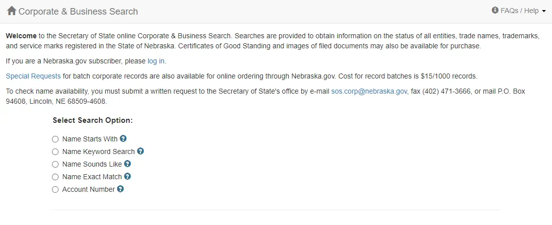 Nebraska Business Entity Search Tool