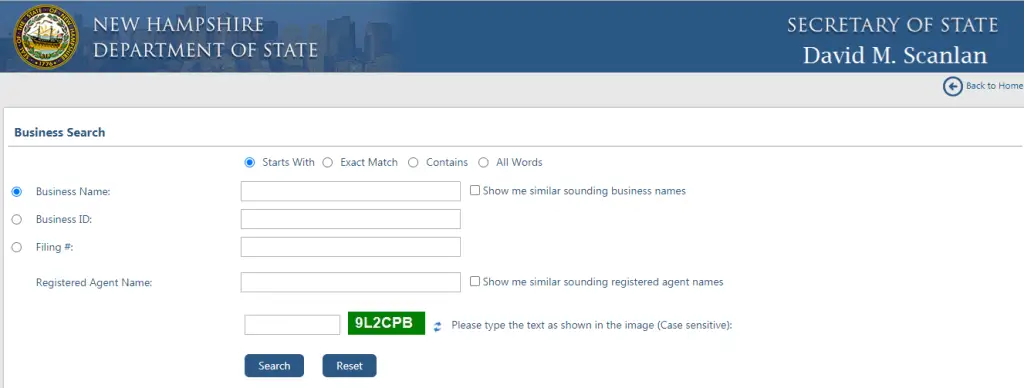 New Hampshire Business Entity Search Tool