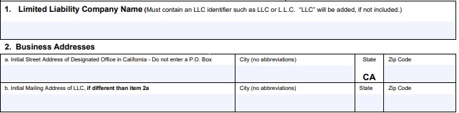 California Articles of Organization - business name & address