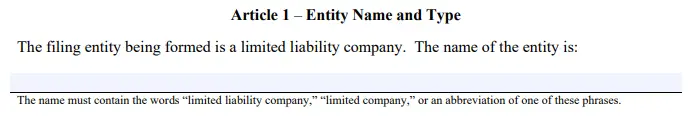 Texas Certificate of Formation Article 1